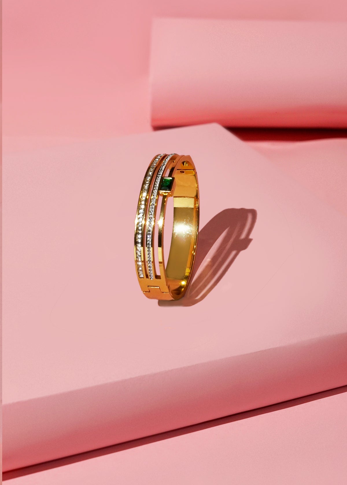 Triple-Line Crystal Bangle (with Green Accent)