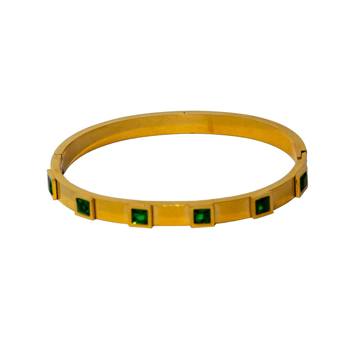 Gold-Tone Green Square Stone Minimal Bangle